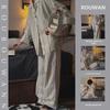 Women's Japanese Striped Lapel Pajama Set: Long-Sleeve Cardigan and Trousers, Imitation Cotton, Autumn Loose Fit Casual Homewear