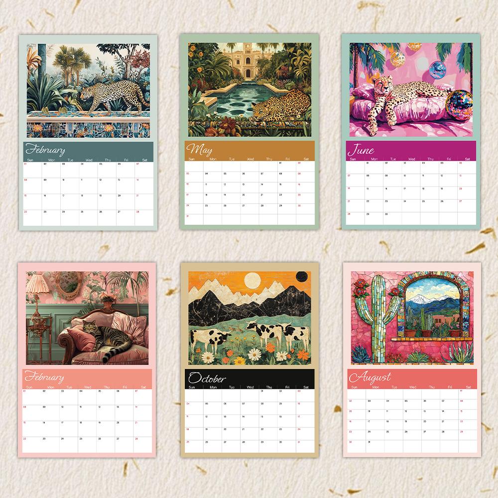 1pc Vintage Animal Wall Calendar-Eclectic Art Theme, 12 Different Designs, Suitable for Art Enthusiasts, Halloween Gifting