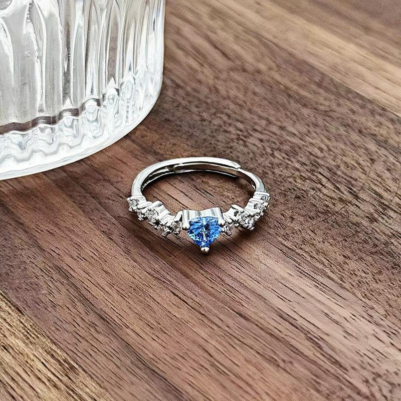 Sweet Light Luxury Sea Blue Zircon Super Flash Open Ring Niche High-End Feeling Stacking Wearing Colored Treasure Ring Woman