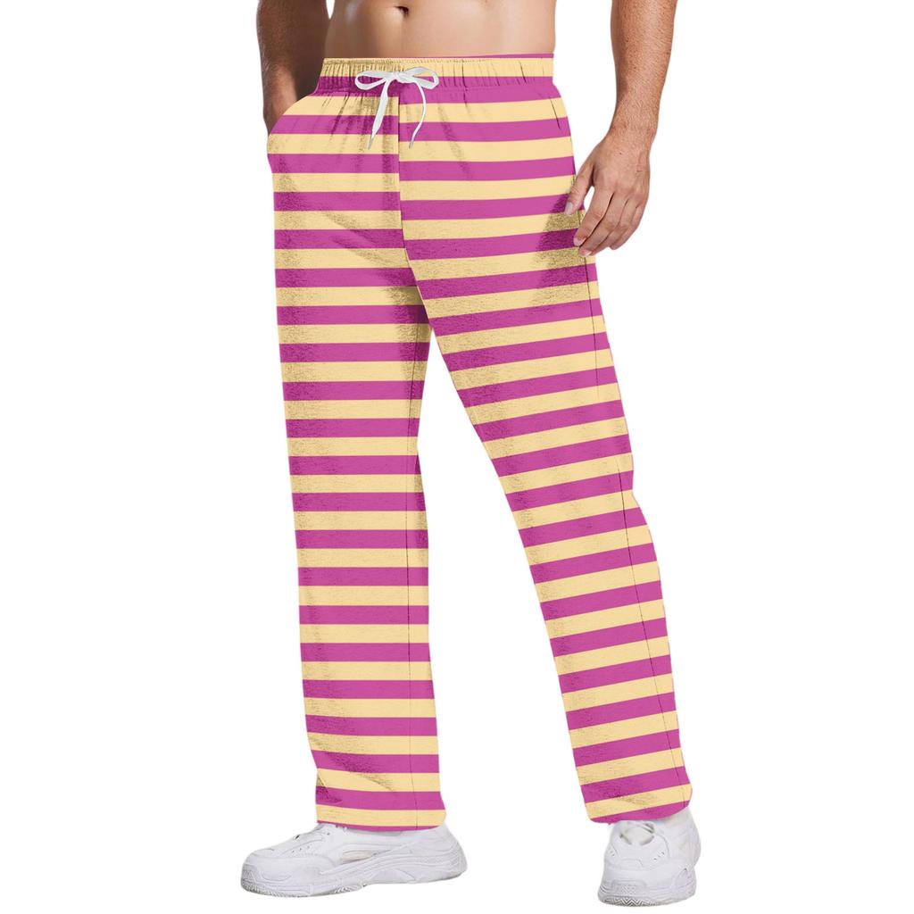 Men's Casual Pants With Pockets | Stripe Checkered Printed, Loose Straight Leg, Elastic Waist With Drawstring For Daily & Casual Wear