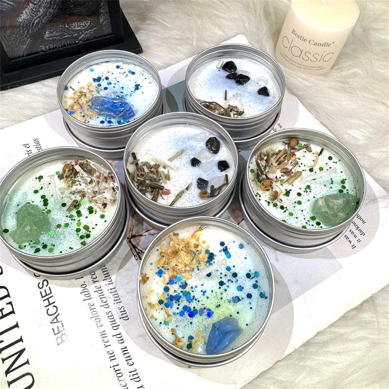 Luxury Scented Aromatherapy Soy Candles Set Raw Stone Healing Crystal Candle for Gifts 7cm