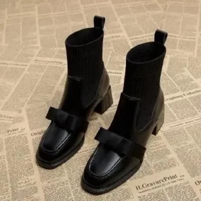 Elastic Sock Boots New Autumn Winter Square Toe Ankle Women Fashion Slip On High Heels Short Botas Mujer