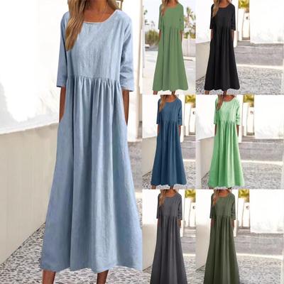 Dames Retro Katoen Linnen Linnen Patchwork Geplooide Midi Mouw Jurk