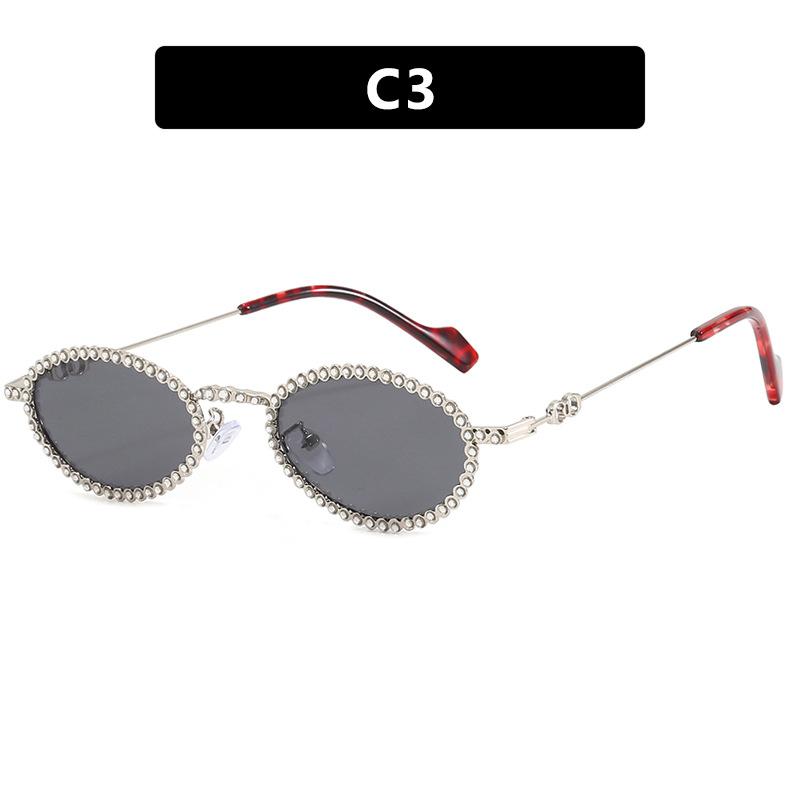 Full diamond oval frame Spice girl feeling ins sunshade sunglasses women's photo concave shape diamond-set retro sunglasses
