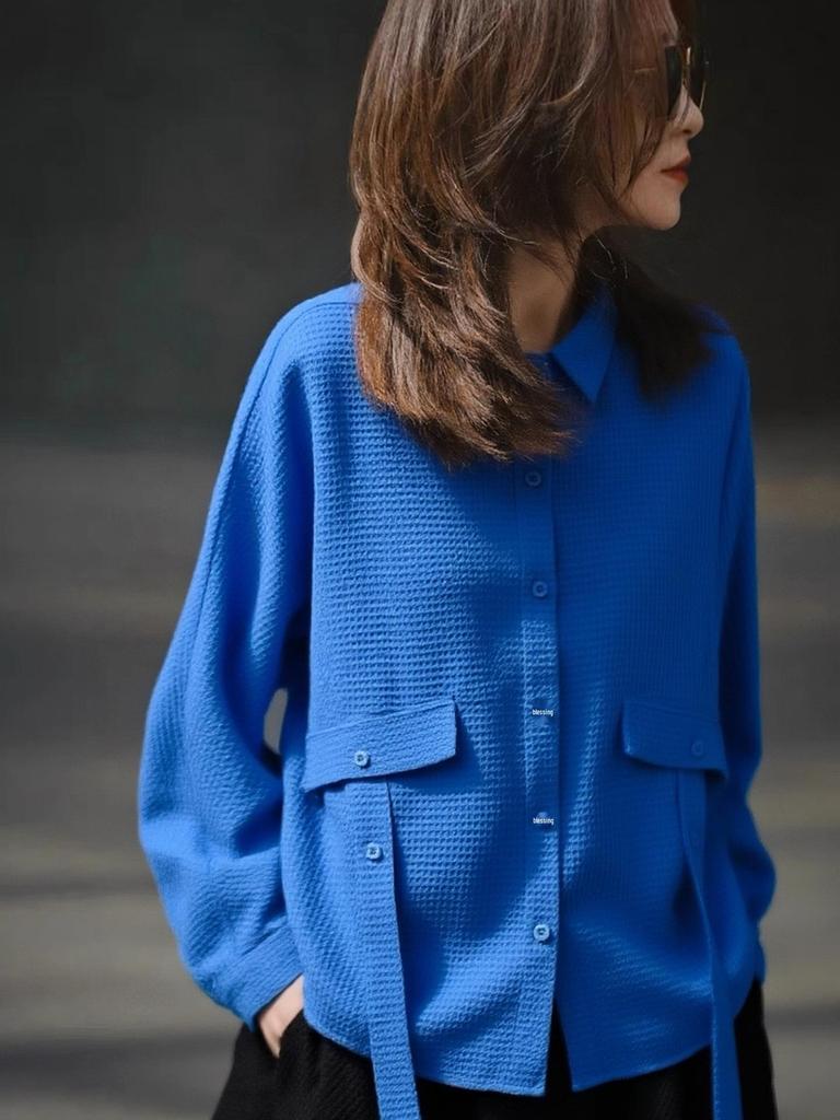 Early Autumn Blue Lapel Batwing Sleeve Shirt - Stylish and Versatile Women's Top