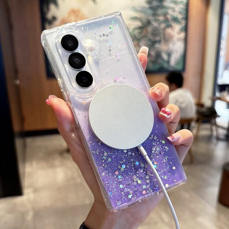 Transparent Glitter Gradient Magnetic Phone Case for Samsung Galaxy Z Fold 7 6 5 4 3 5G for Magsafe Wireless Charge Cover