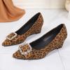 Wedge Heel Single Shoes New Spring and Summer Leopard Print Pointed Head Comfortable Shallow Mouth Square Buckle Rhinestone Shoes
