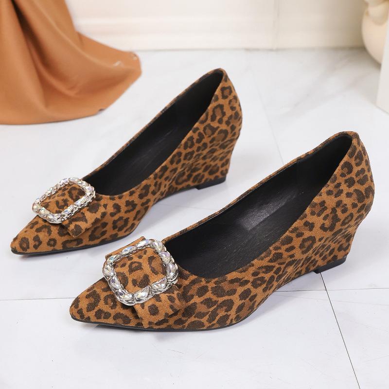 Wedge Heel Single Shoes New Spring and Summer Leopard Print Pointed Head Comfortable Shallow Mouth Square Buckle Rhinestone Shoes