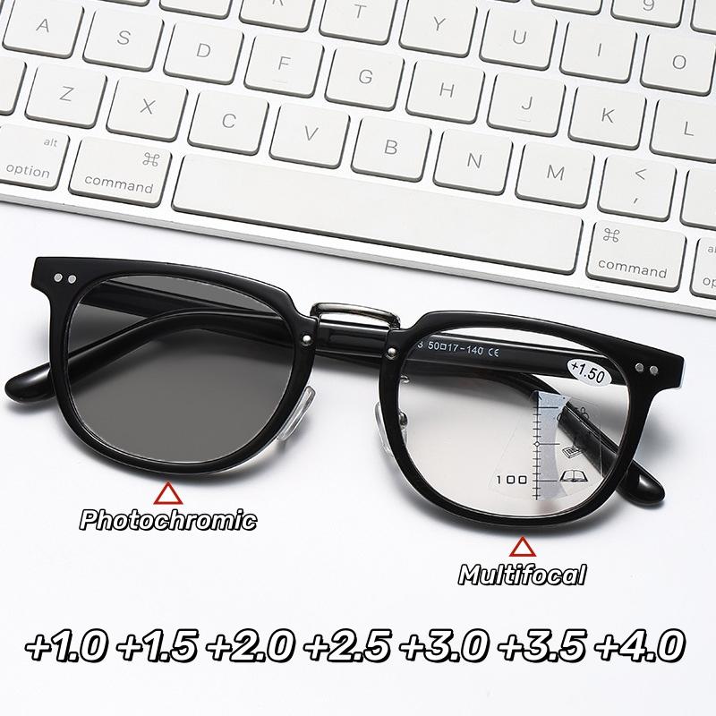 Photochromic Multifocal Reading Glasses Retro Large Frame Anti Blue Light Presbyopia Glasses Color Change Far Sight Eyewear