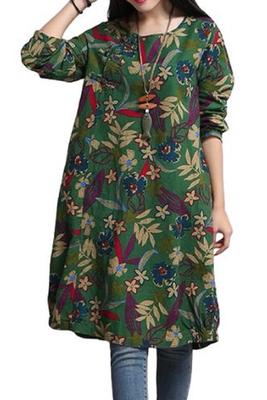 Tunic Floral [1/2style] Dress, Long, Print, Cute, Retro, Women's (JP, Alphabet, L, Green)