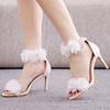 8 Cm Shallow Mouth One-length Strap High Heel Sandals White Flower Light Mouth Sandals Thin Heel Fish Mouth Wedding Bride Wedding Shoes