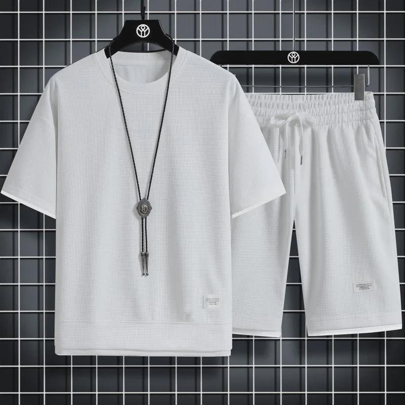 Ice Silk Waffle Sports Set: Loose Half-Sleeve T-Shirt & Half-Pants for Summer Leisure