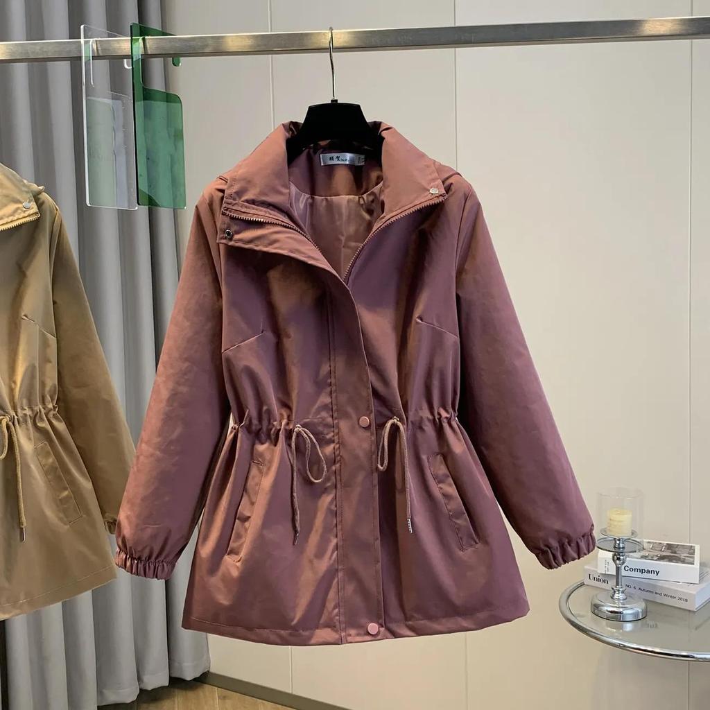 Damen Herbst Langarm Lässig Kapuzenjacke mit Reißverschluss Windbreaker Damen Trenchcoat Oberbekleidung Damen Übergröße Top