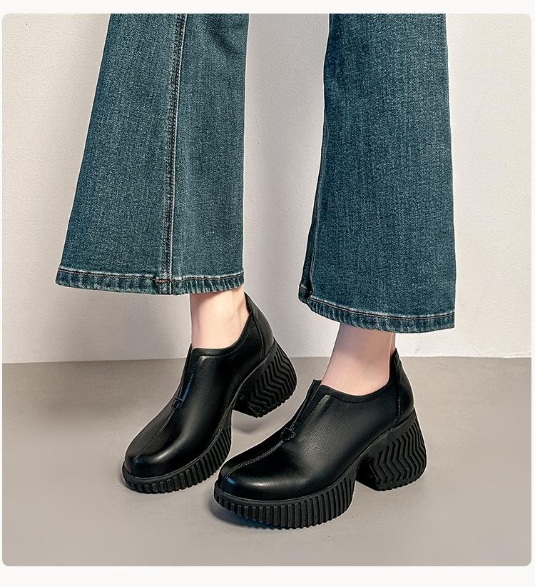 Ретро маленькие кожаные туфли женские сезон коричневые платформа толстая высокий каблук маленькая внутренняя высота лоферы 34