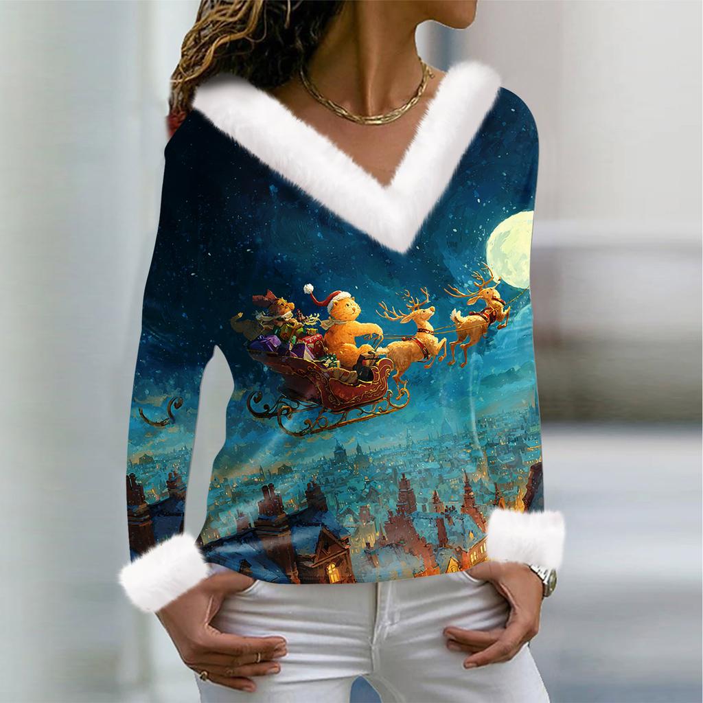 Women's T Shirt Tee Christmas Shirt Long Sleeve Party Christmas Print Fleece Collar V Neck Top