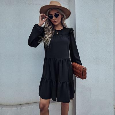 Neues Mode Damen Langarm Schwarz Locker Hepburn Kleid