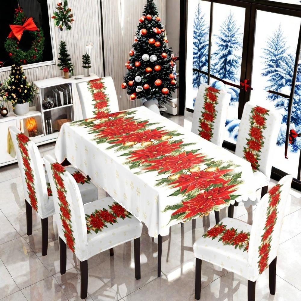 Christmas Waterproof Printed Tablecloth and Chair Covers Set Holiday Dining Decor