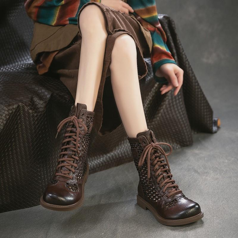 Johnature Retro Genuine Leather Hollow-out Breathable Summer Mid-calf Boots Versatile Fashion Women's Shoes