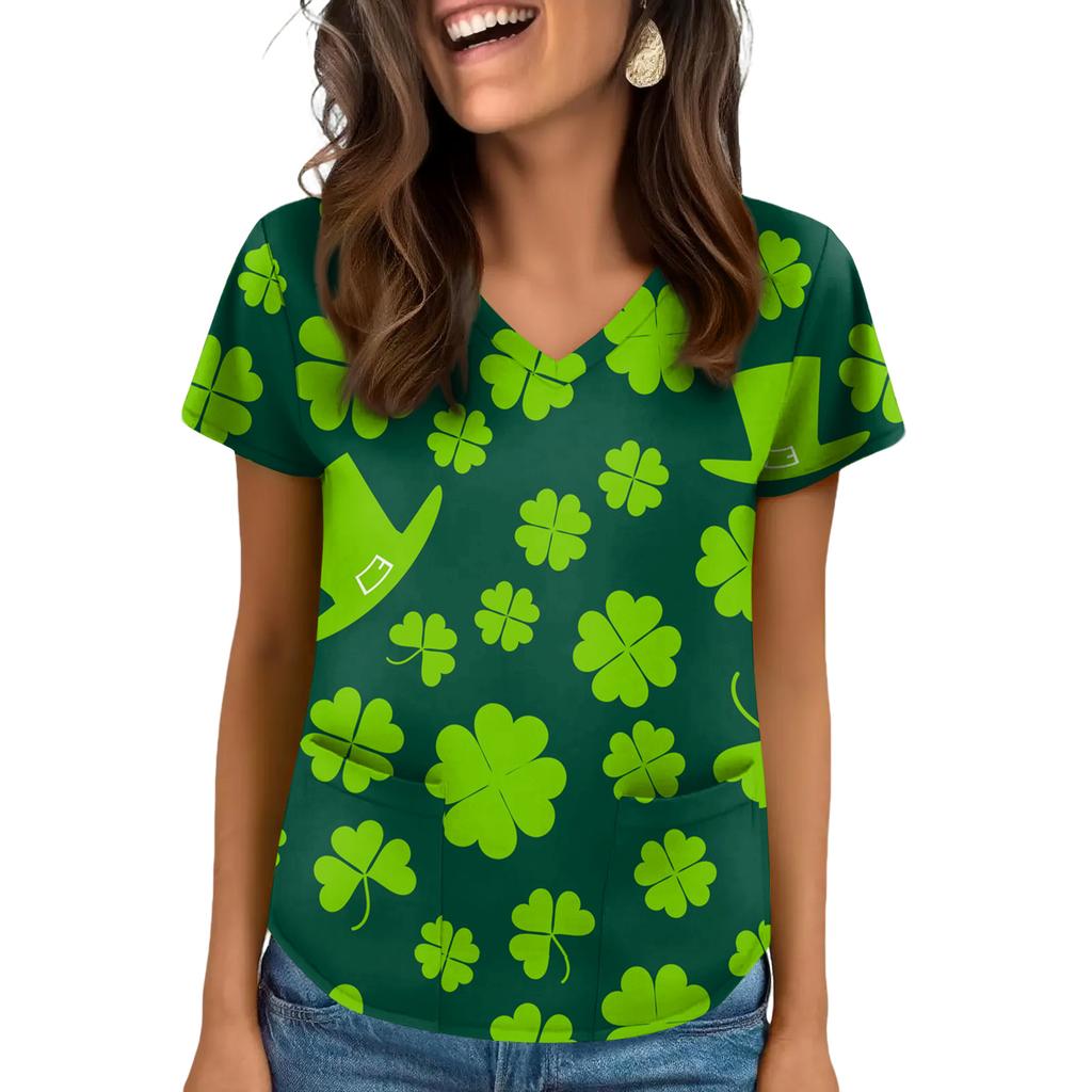 Damen V-Ausschnitt Saint Patrick's Day Print Kurzarm Tasche Seitenschlitz Top