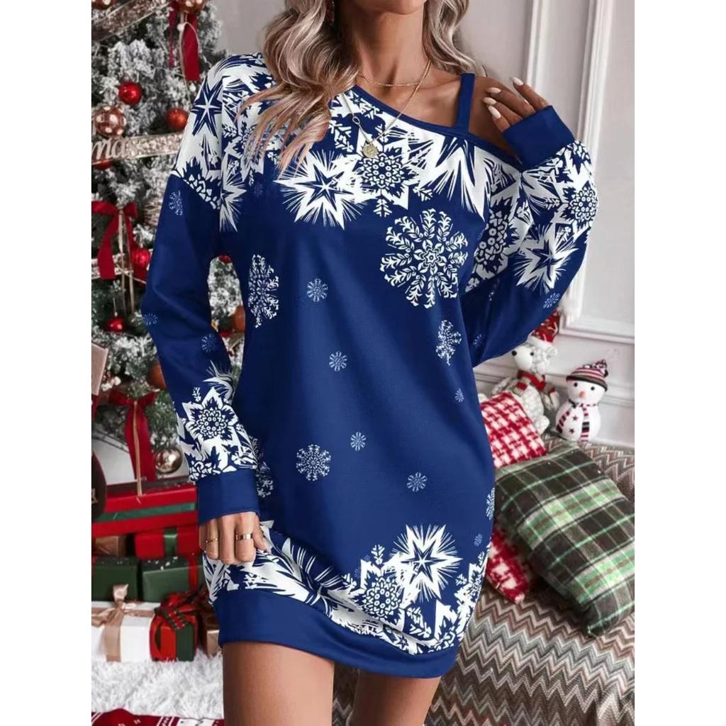 LYRIA New Christmas Snowflake Print Off Shoulder Dress Women Fashion Winter Long Sleeve Loose Party Mini Dresses for Women