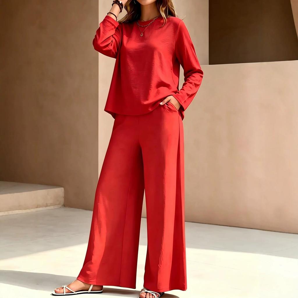 1116 spring and summer new TEMU women's clothing round neck long sleeve high waist wide leg pants fashion casual suit