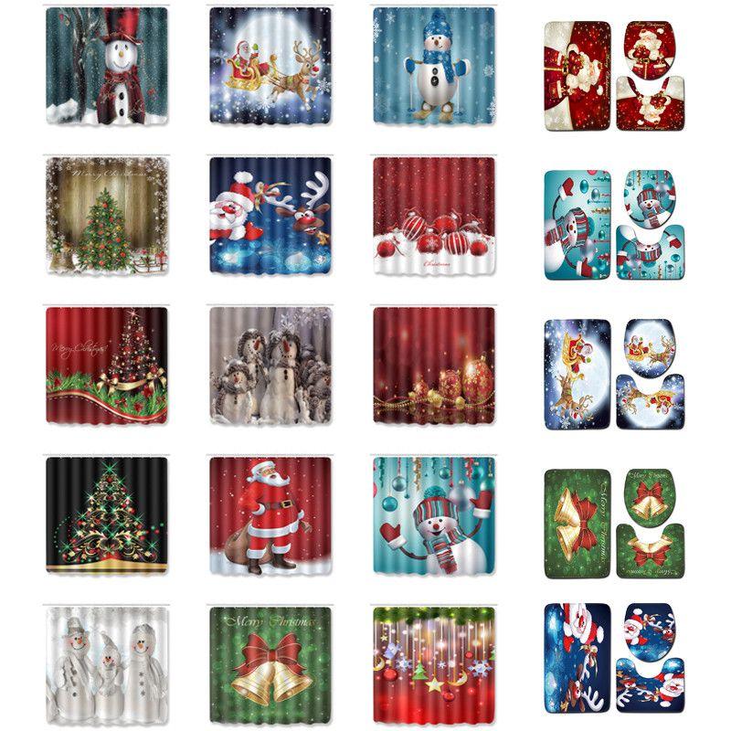 4pcs Christmas Shower Curtain And Toilet Cushion Set Cover Mat For Festive Bathroom Decor