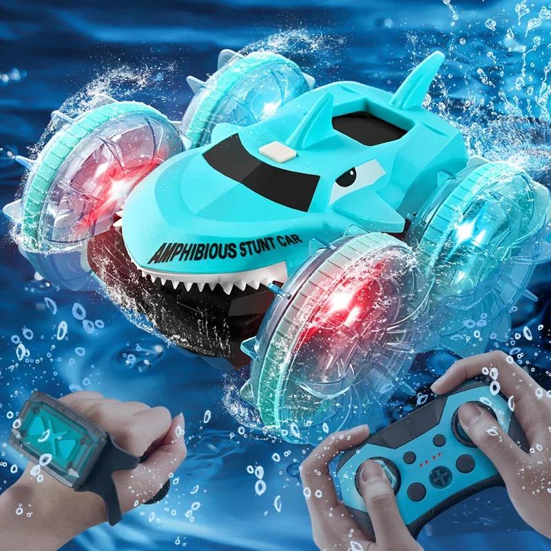 Non-Toxic 2.4G Rc Car Amphibious Vehicle Gesture Sensing Double-Sided Stunt Shark Amphibious Remote Control Cars With Light Toys For Children
