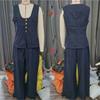 Women's loose retro sleeveless vest with wide leg jeans denim suit clothes sale