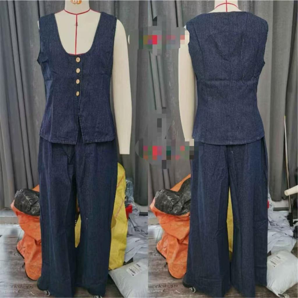 Women's loose retro sleeveless vest with wide leg jeans denim suit clothes sale