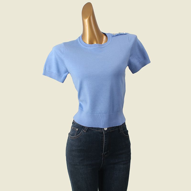 Classy Normcore Round Neck Short Sleeve T-shirt Foreign Trade Original Order Thin Needle Pullover Pure Color Knitting Bottoming Shirt