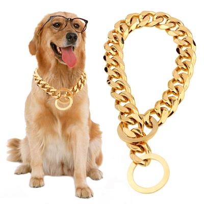 15mm Strong 18K Gold Luxury Dog Collar Heavy Duty Stainless Steel Cuban Chain Necklace Collars for Medium Large Dogs Rottweiler Bully
