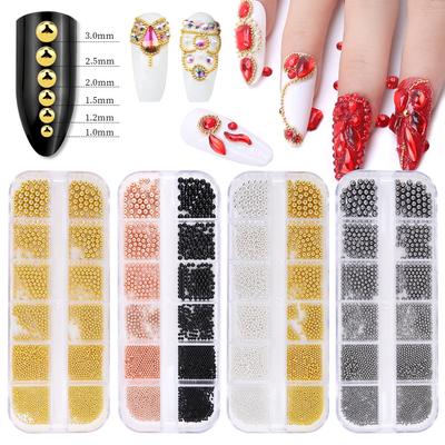 12 Grid Gold Silver, Nail Art Steel Ball Jewelry Mixed Diy Manicure Accessories Nail Decoration Set