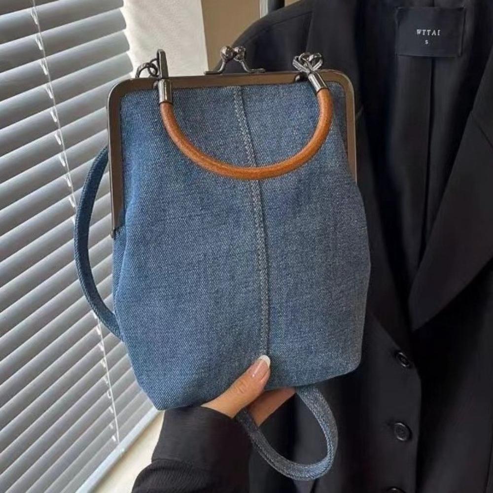 Portable Vintage Style Women Handbag Versatile Navy Blue Designer Shoulder Bag Lady‘s Denim Purses Fashionable Crossbody Bags