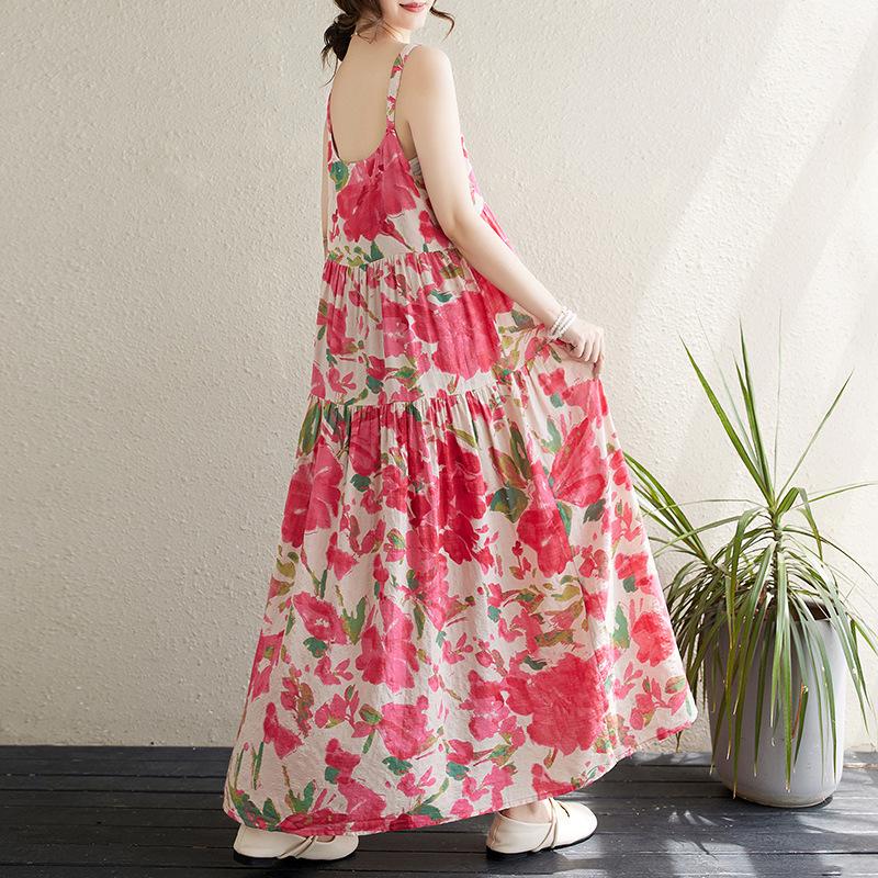 

Летнее тонкое хлопково-льняное литературное свободное и тонкое платье-сарафан средней длины с маятниковым подолом и оборками для женщин One Size