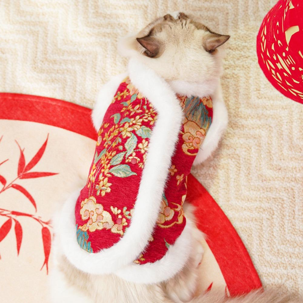 Cute Thick Velvet New Year's Dog Cat Clothing Tang Clothing Comfortable Cat Dog Vest Chinese Style Soft Pet Coat Autumn Winter