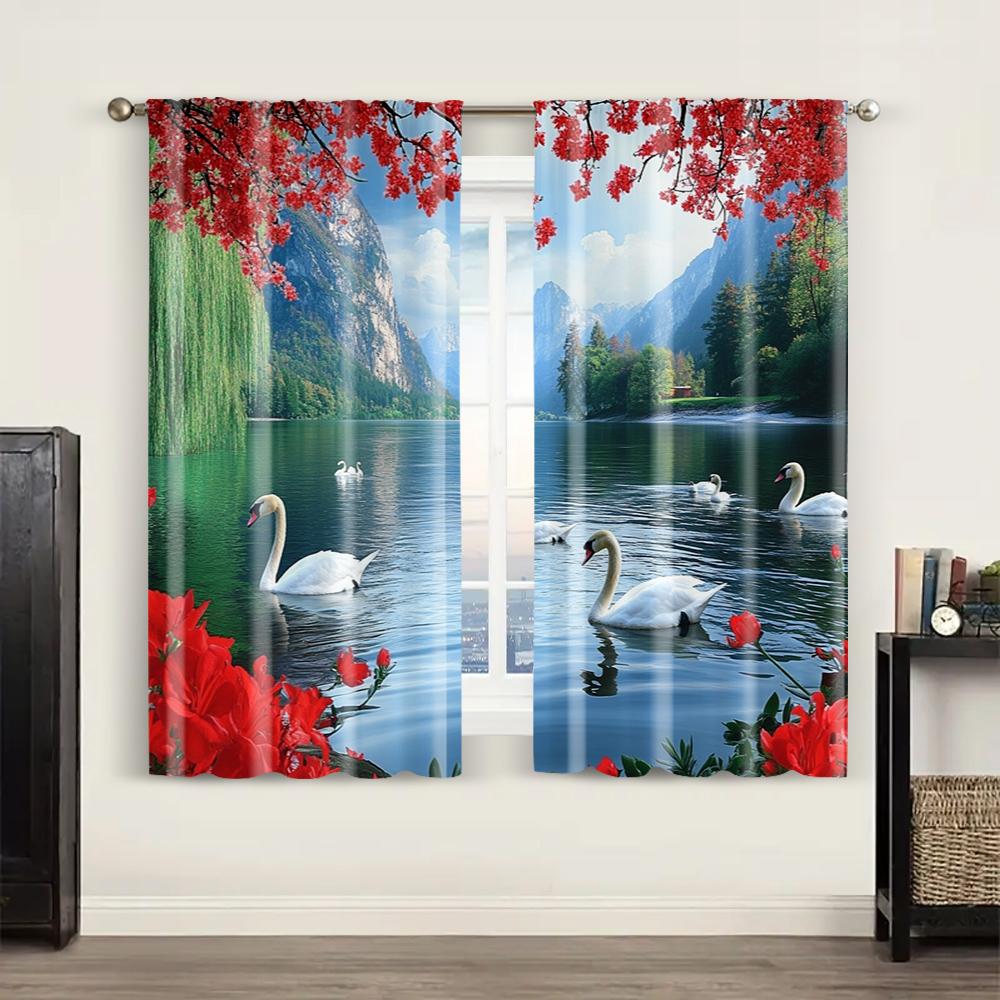 2pc,  Curtains The picturesque forest_ Swan Lake_ seagulls_ fish_ and red blooming flower party Versatile 100% Polyester,Without