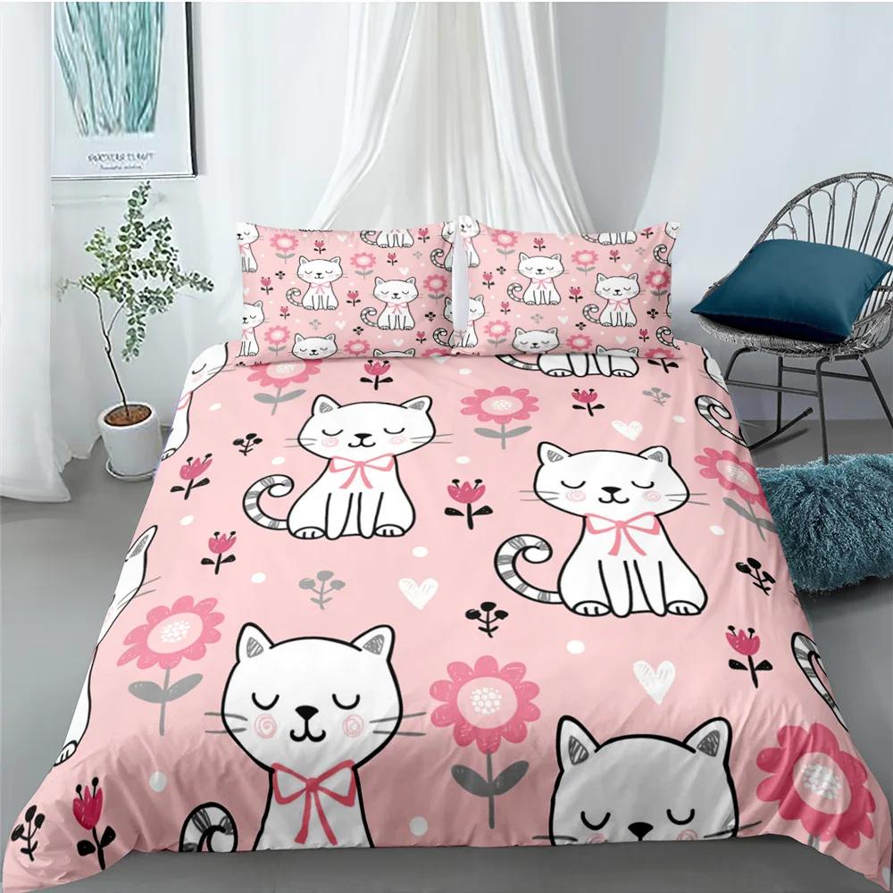 Carton Cat Soft Duvet Cover Set for Children Kids Girl Microfiber Kiten 2/3pcs Carton Animal Beding Set Single Twin Quen King Comfortable Quilt Cover