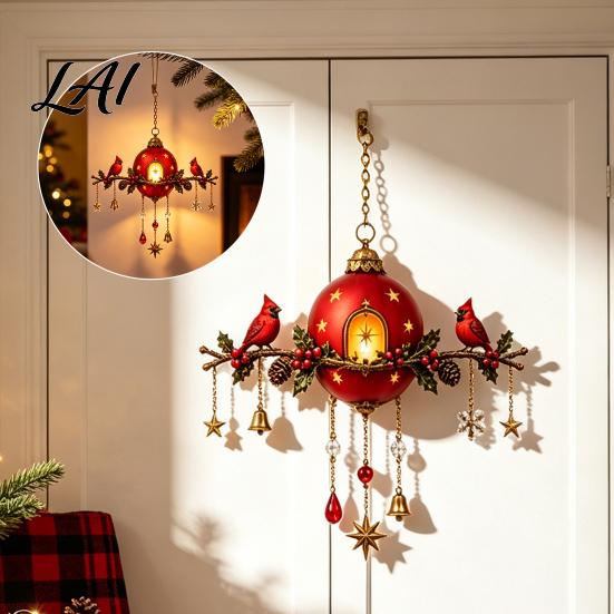 Vintage Stil Urlaubsdekoration Beleuchtetes Rote Beere Kiefernzapfen Ornament Vogel Weihnachtsglocke Winter Saisonale Aufhängung mit Warmem Leuchten Haus Veranda Kamin