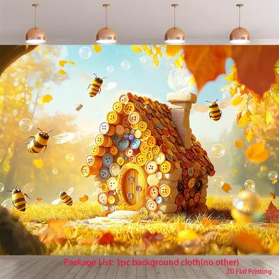 2D Enchanted Bee Backdrop Autumn Scene with Button House and Flying Bees Background