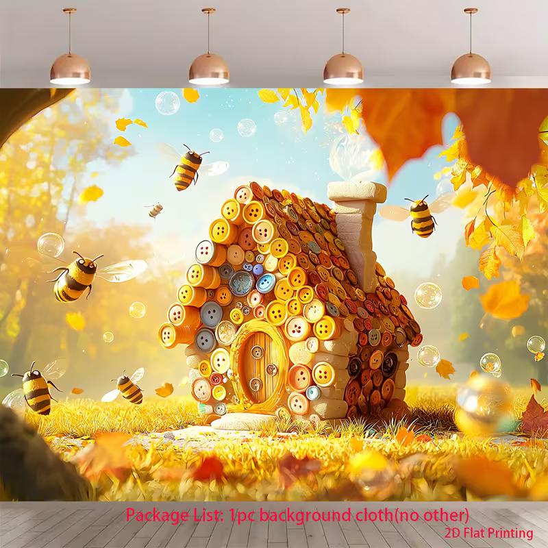 

2D Whimsical Bee Button House Backdrop Autumn Photography Background 47.2x31.5inch/120*80cm