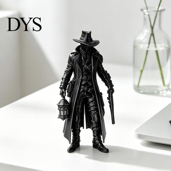 Matte Black Ornament 3D Printed Gothic Lantern Hunter Figurine, Dark Cloaked Man Statue Durable Static Figure with Cape for Halloween, Spooky