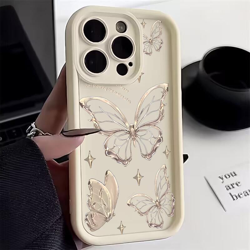 Shining Golden Butterflies Phone Case iPhone 15 Pro Max 11 12 13 16 14 Plus Silicone Shockproof Case Lens Protector Shell