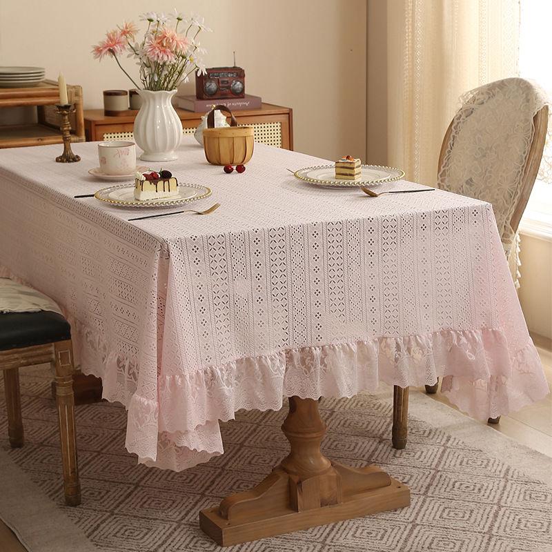 Vintage Coffee Table with Green Hollow Lotus Leaf Edge Lace Tablecloth and Rectangular Dining Table Cloth