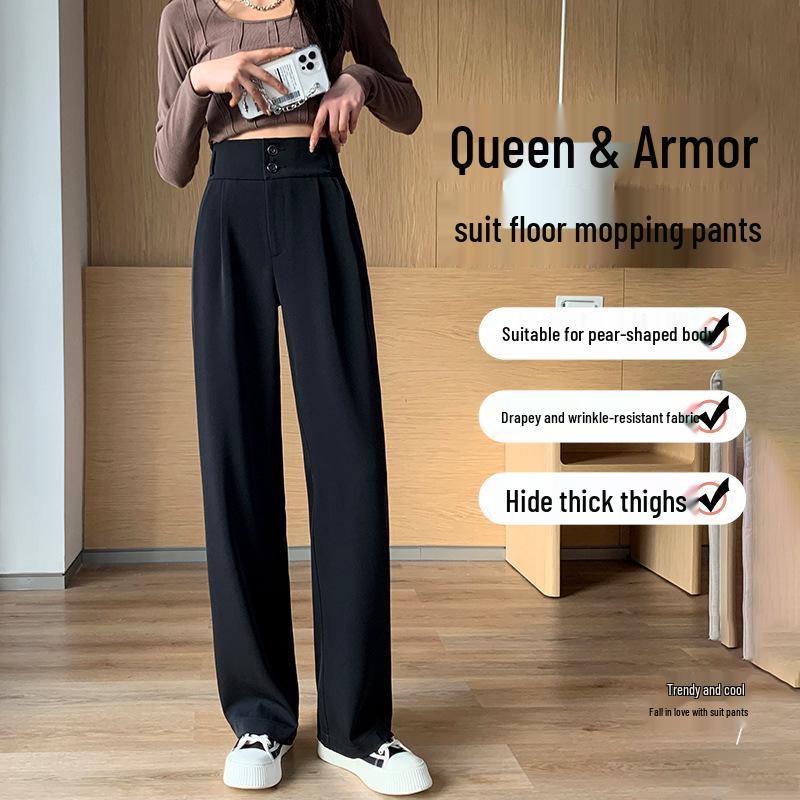 Pantaloni negri cu talie înaltă și picior larg pentru femei 2025: Subțiere, Drapat, Casual, Stil de primăvară/toamnă