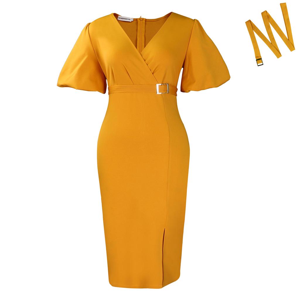 D Women's New Fashion V-Neck Bubble Sleeves Solid Color Waist Split Hip Wrap African Dress
