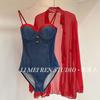 High-face Value Retro Slimming Sexy Gathered Stitching Denim One-piece Swimsuit Women's Hot Small Chest Long Sleeves