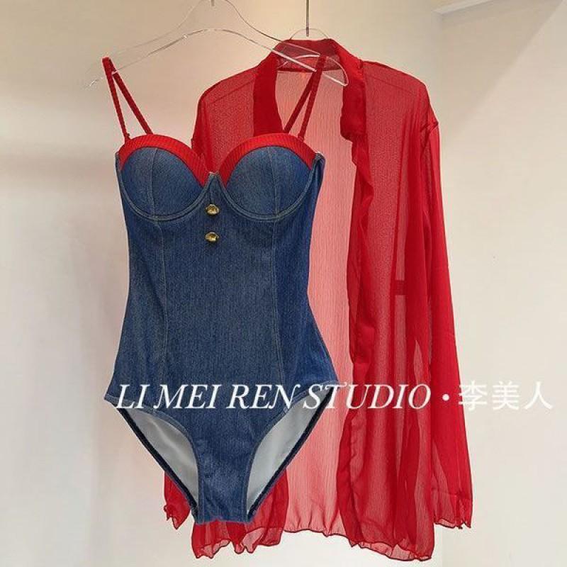 High-face Value Retro Slimming Sexy Gathered Stitching Denim One-piece Swimsuit Women's Hot Small Chest Long Sleeves
