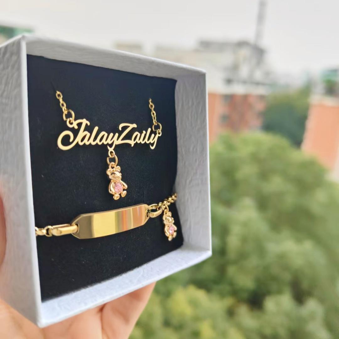 Qiuhan Pink Zircon Bear Set 18K Gold Stainless Steel Necklace Bracelet Cute Baby Gift Gold