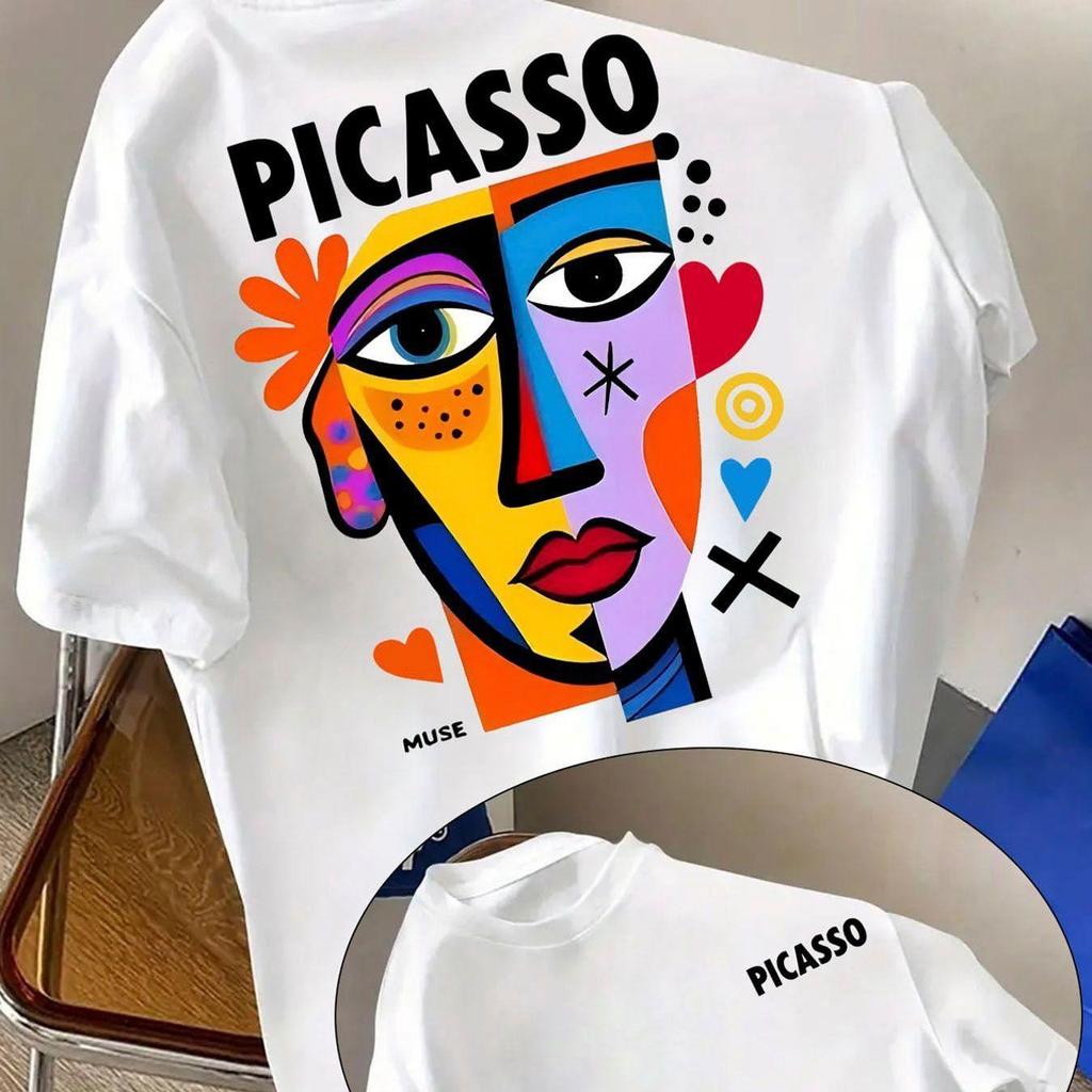 Unisex Cotton Short Sleeve Abstract Colorful Face Geometric Print Crew‑neck Casual Cotton Men's and Women's T‑Shirt Streetwear Short‑S Unisex,gift,Top