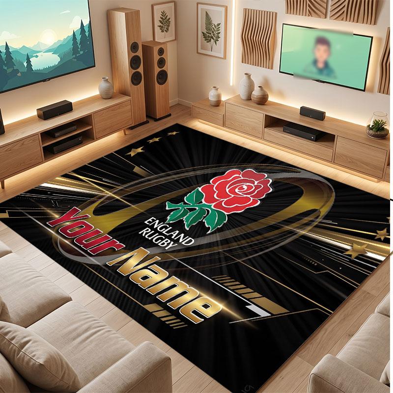 Tappeto in Velluto di Cristallo Personalizzato Rugby Inghilterra, Tappeto Morbido Antiscivolo con Testo Nome Personalizzato per Soggiorno Camera da Letto